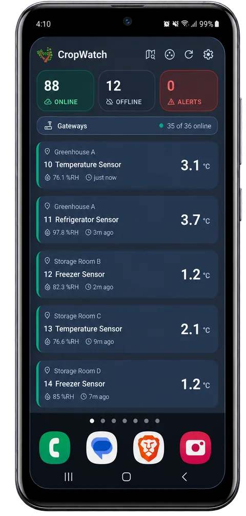 CropWatch Android home-screen widget showing online, offline and alert counts above sensors grouped by location